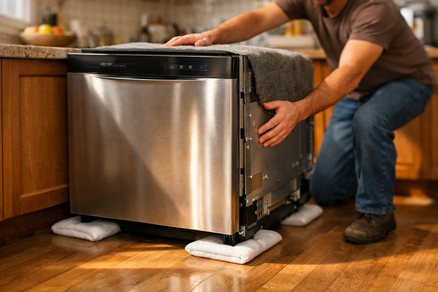 Homeowner carefully sliding dishwasher out from under counter