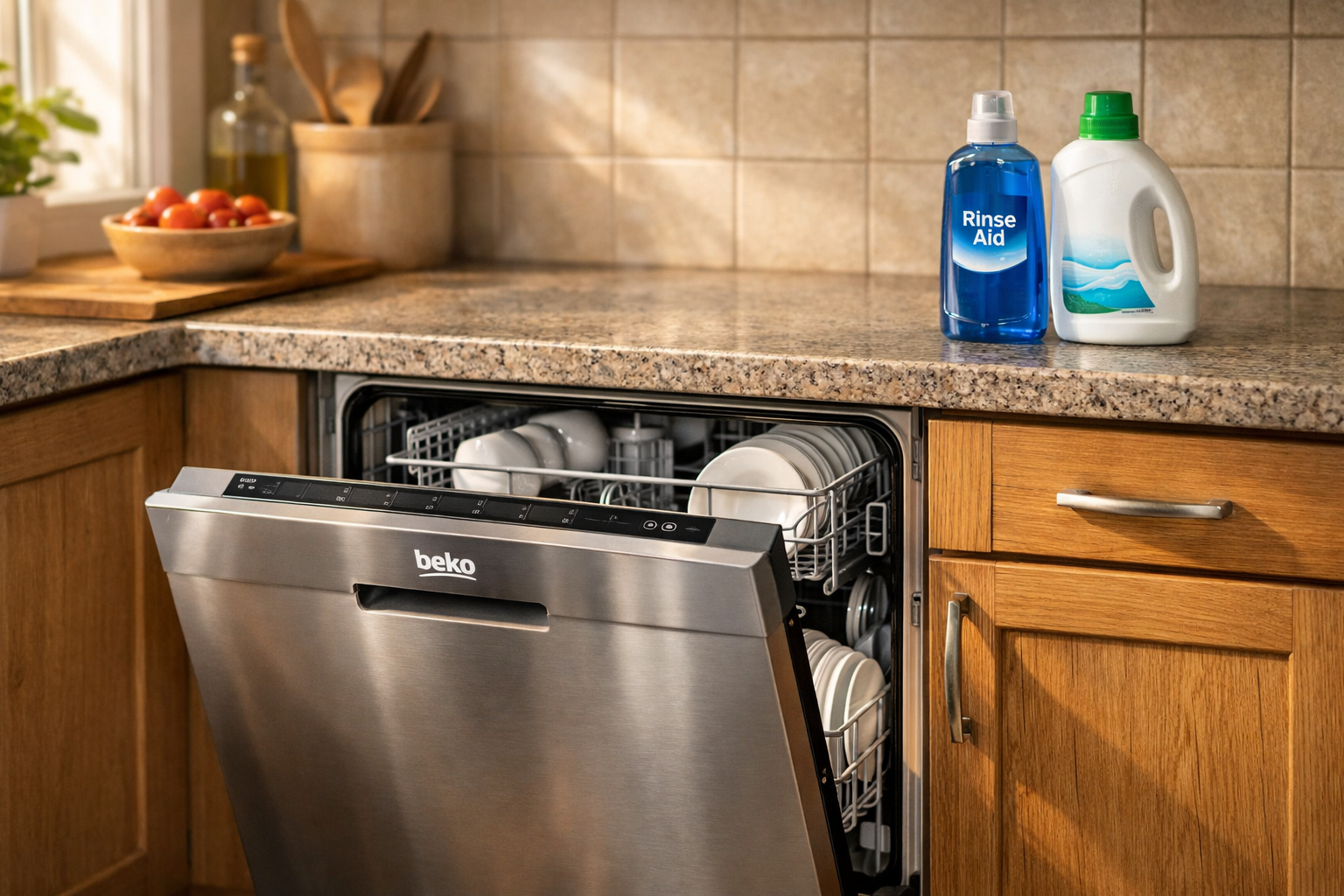 Beko dishwasher in modern kitchen with door slightly open and dishes