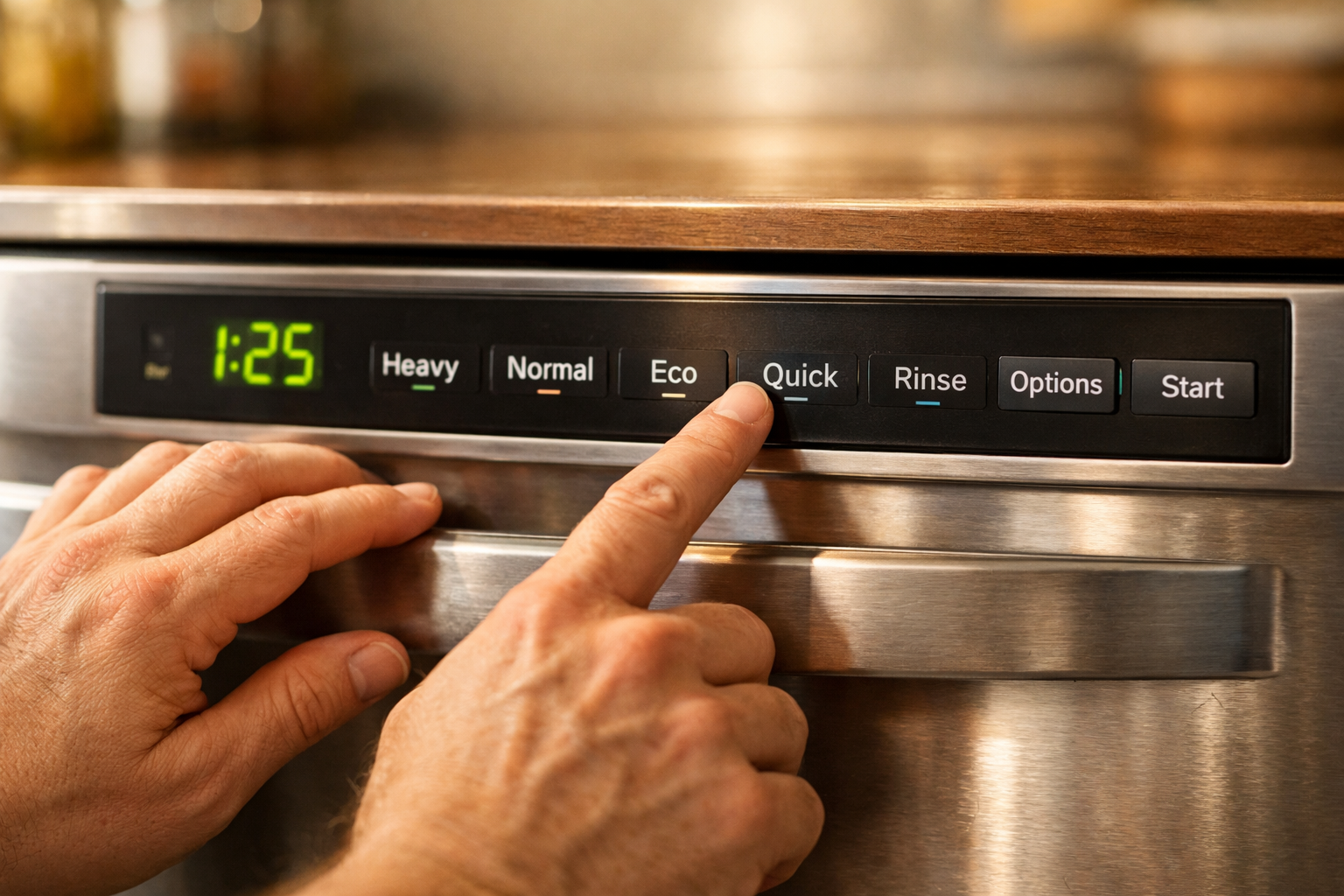 Hand selecting Bosch dishwasher cycle on control panel