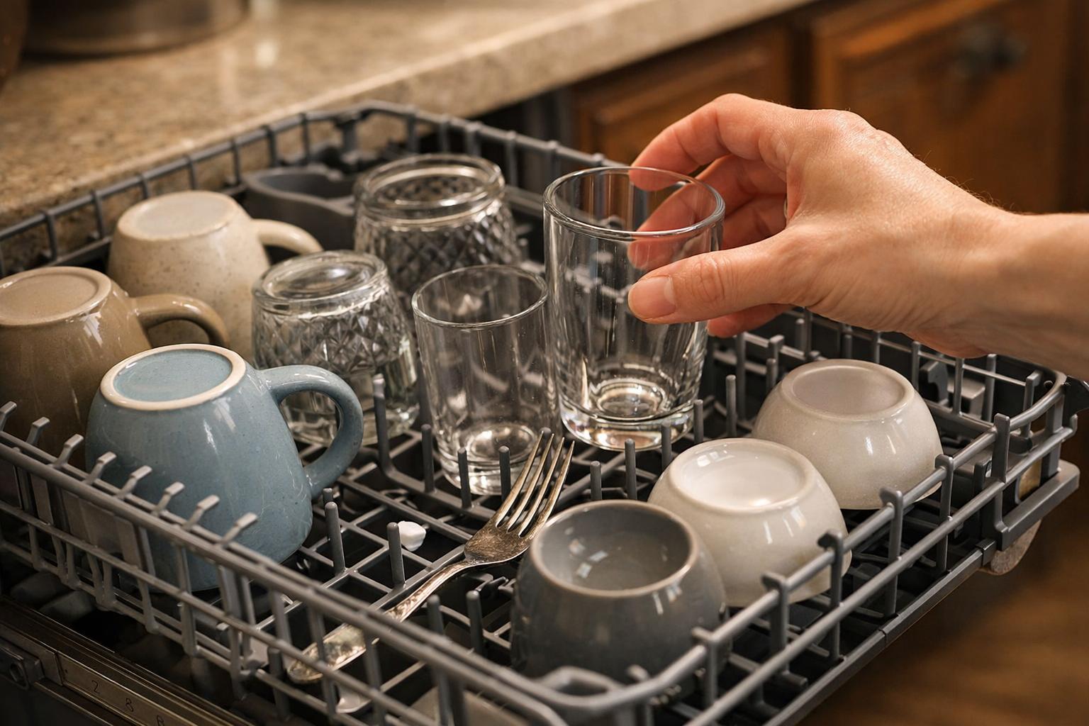 Properly loading dishwasher top rack with cups and bowls efficiently