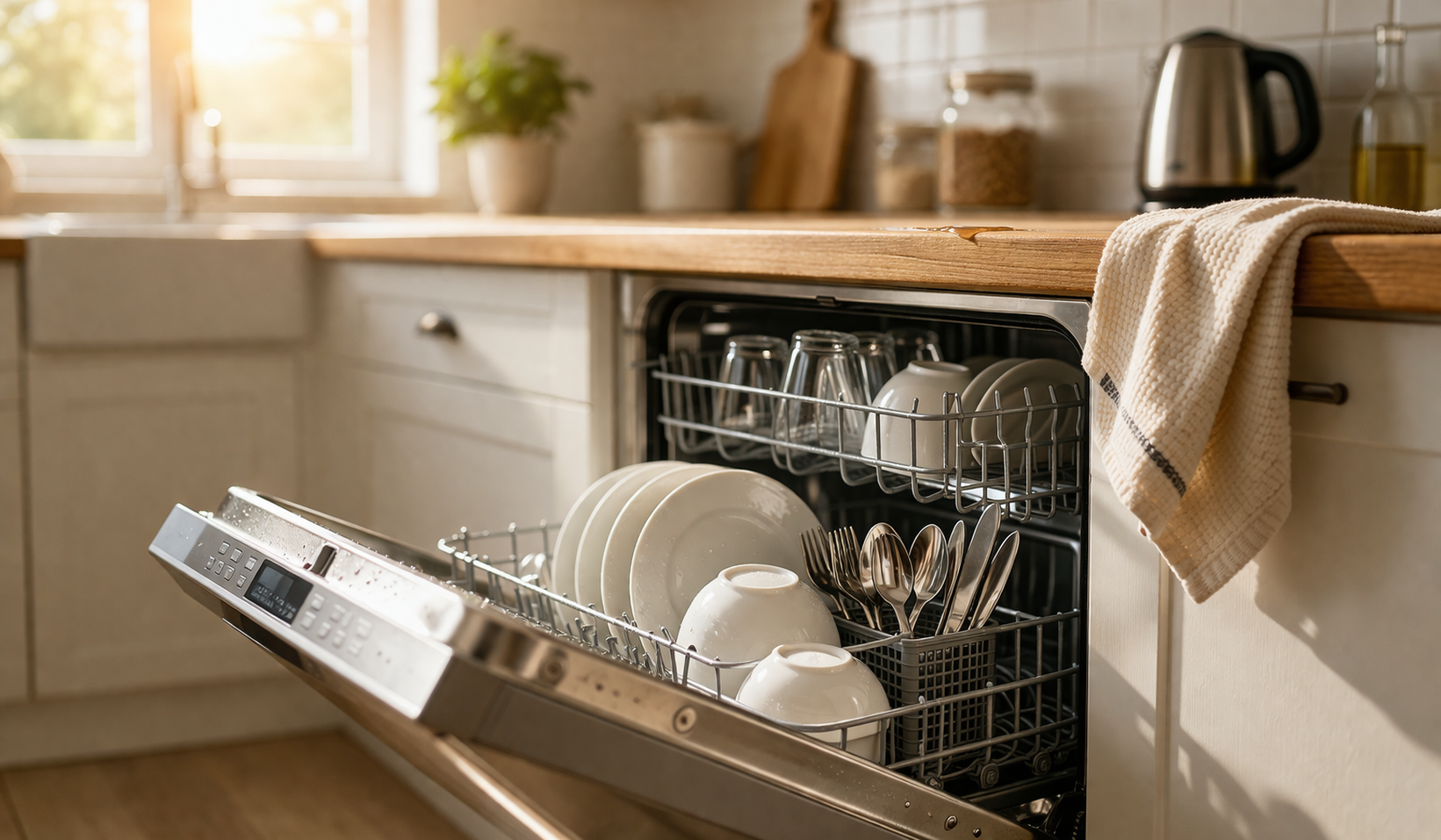 Modern stainless steel dishwasher open with clean dishes inside