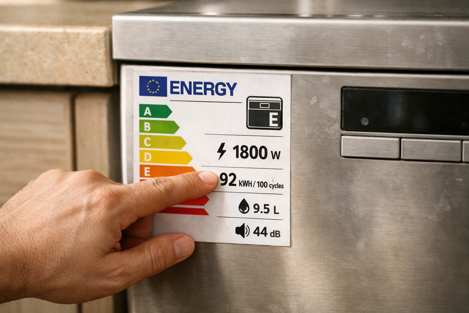 Hand pointing at dishwasher energy label showing watts and kWh