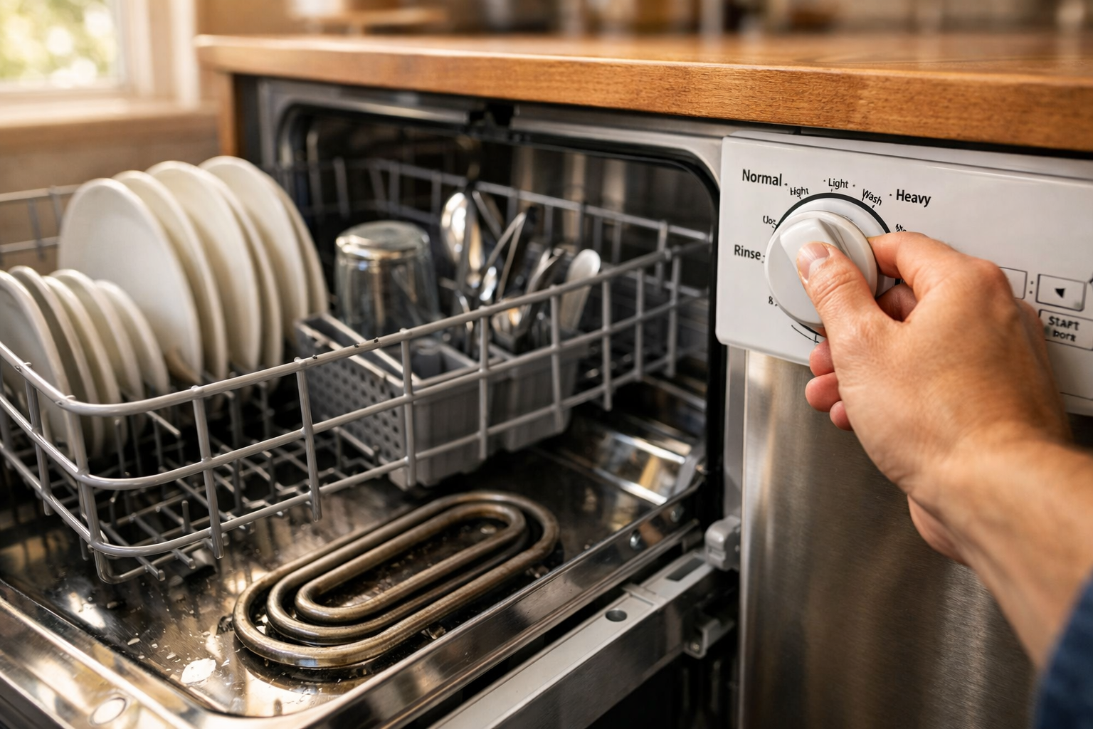Person adjusting dishwasher cycle knob with heating element visible