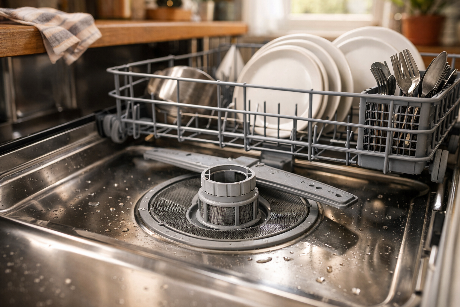 Open dishwasher showing bottom filter area and clean dishes