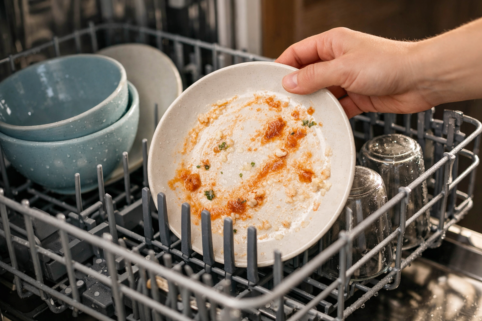Loading dirty dishes into dishwasher showing real food residue