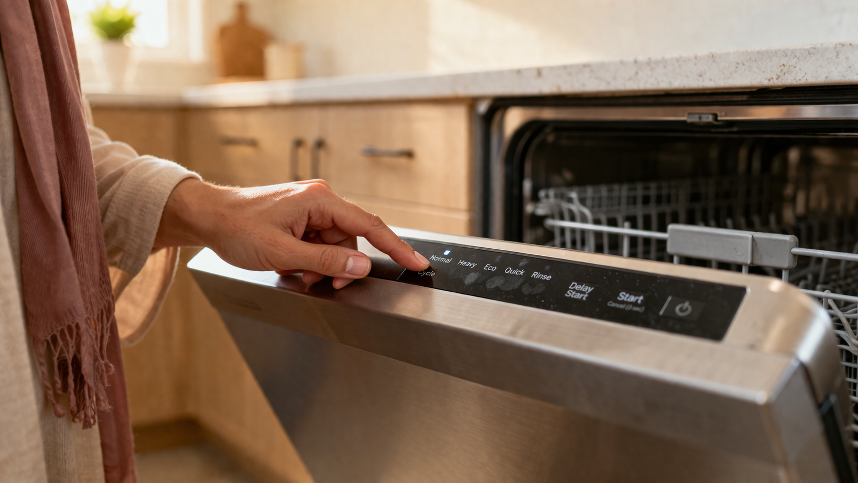 Adjusting dishwasher control panel with racks and settings visible