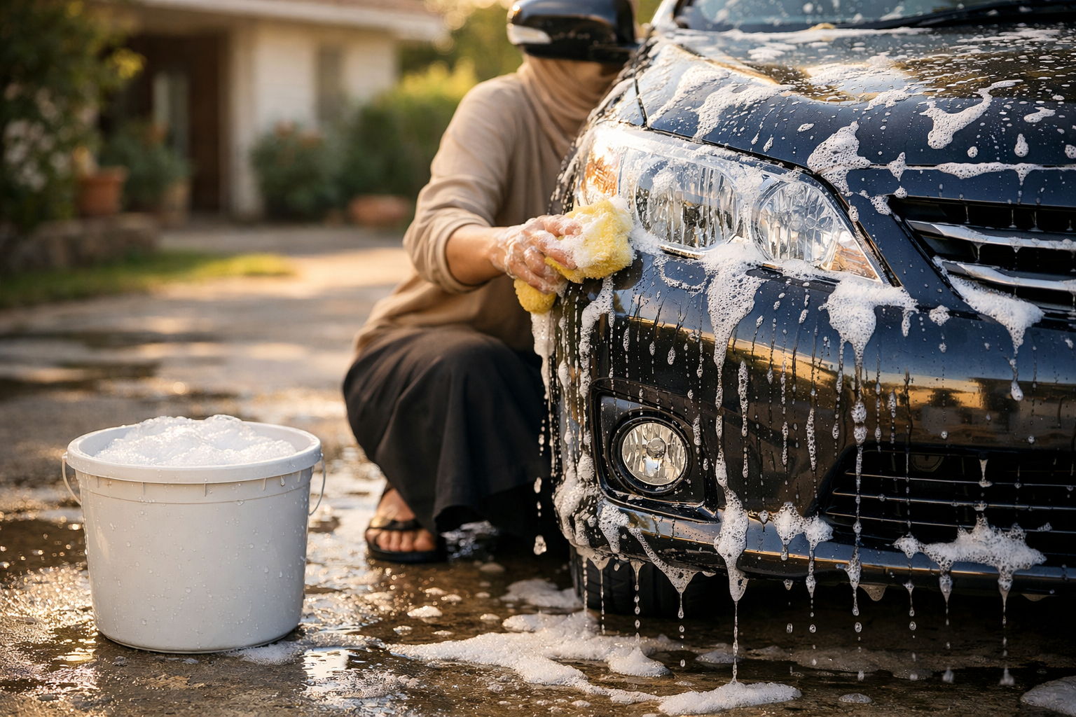 Person washing car with soap and sponge on driveway