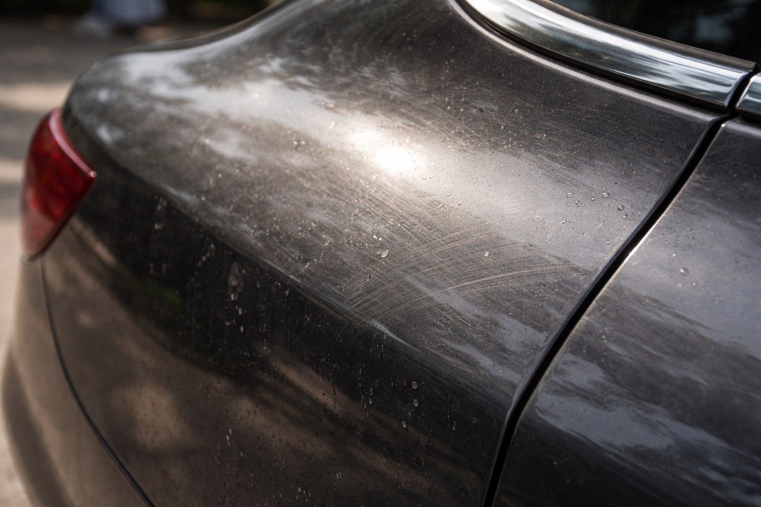 Car paint showing dull finish and water spots after washing