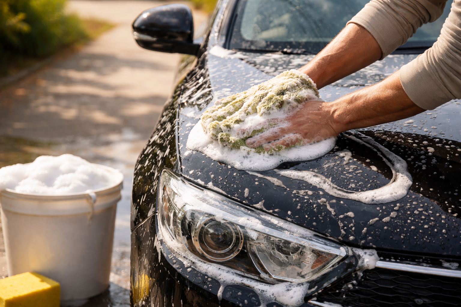 Person washing car with soap and sponge on driveway