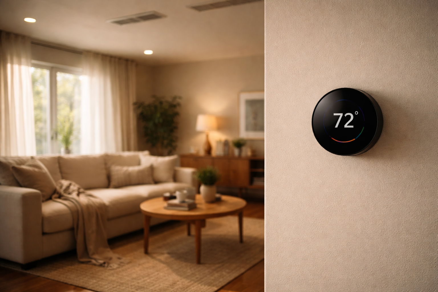 modern living room with thermostat and air vents working