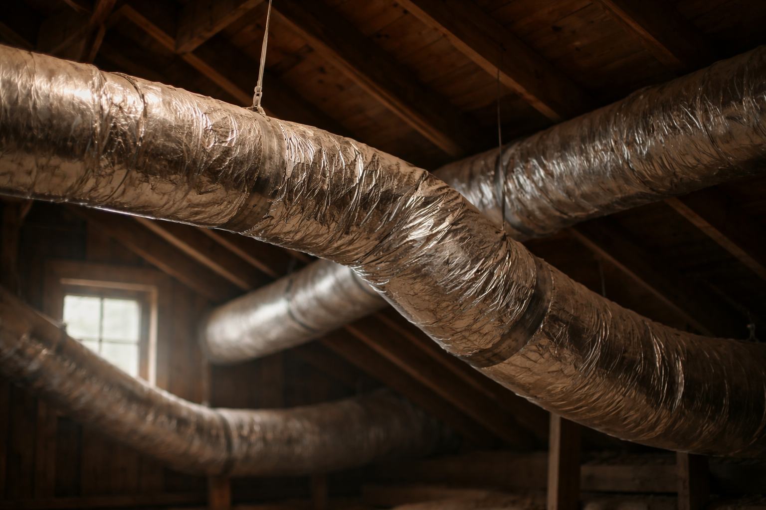 hvac ductwork in attic showing airflow distribution system