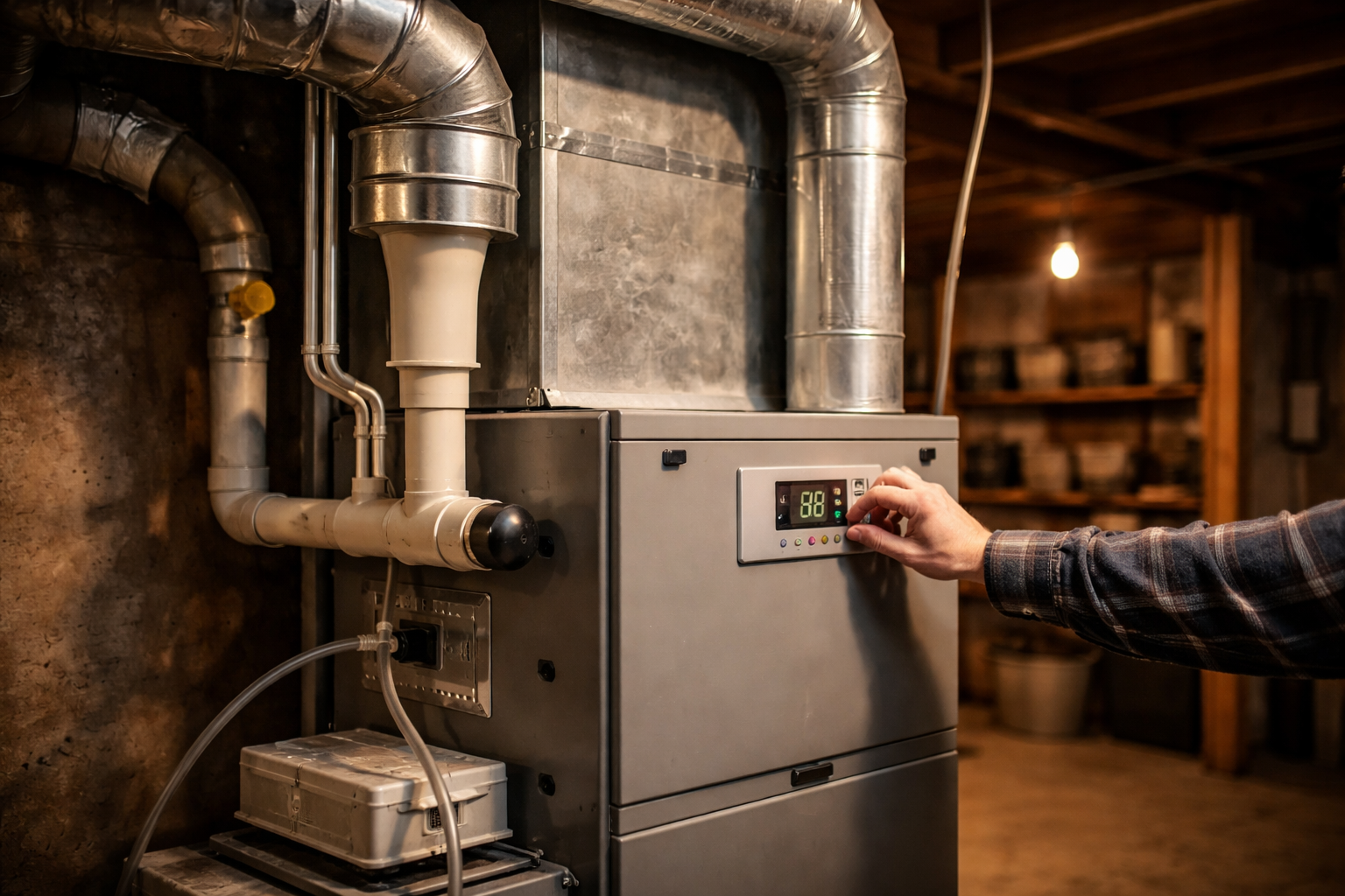 home furnace system heating air through ducts in basement