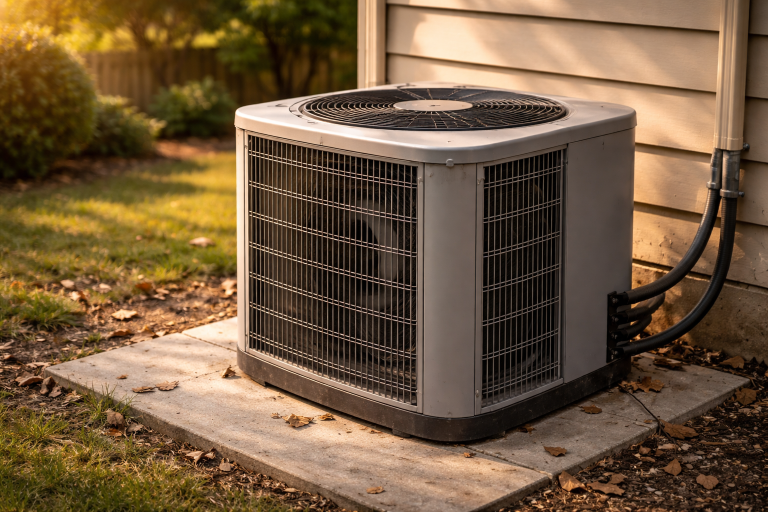 outdoor air conditioner condenser unit next to residential home