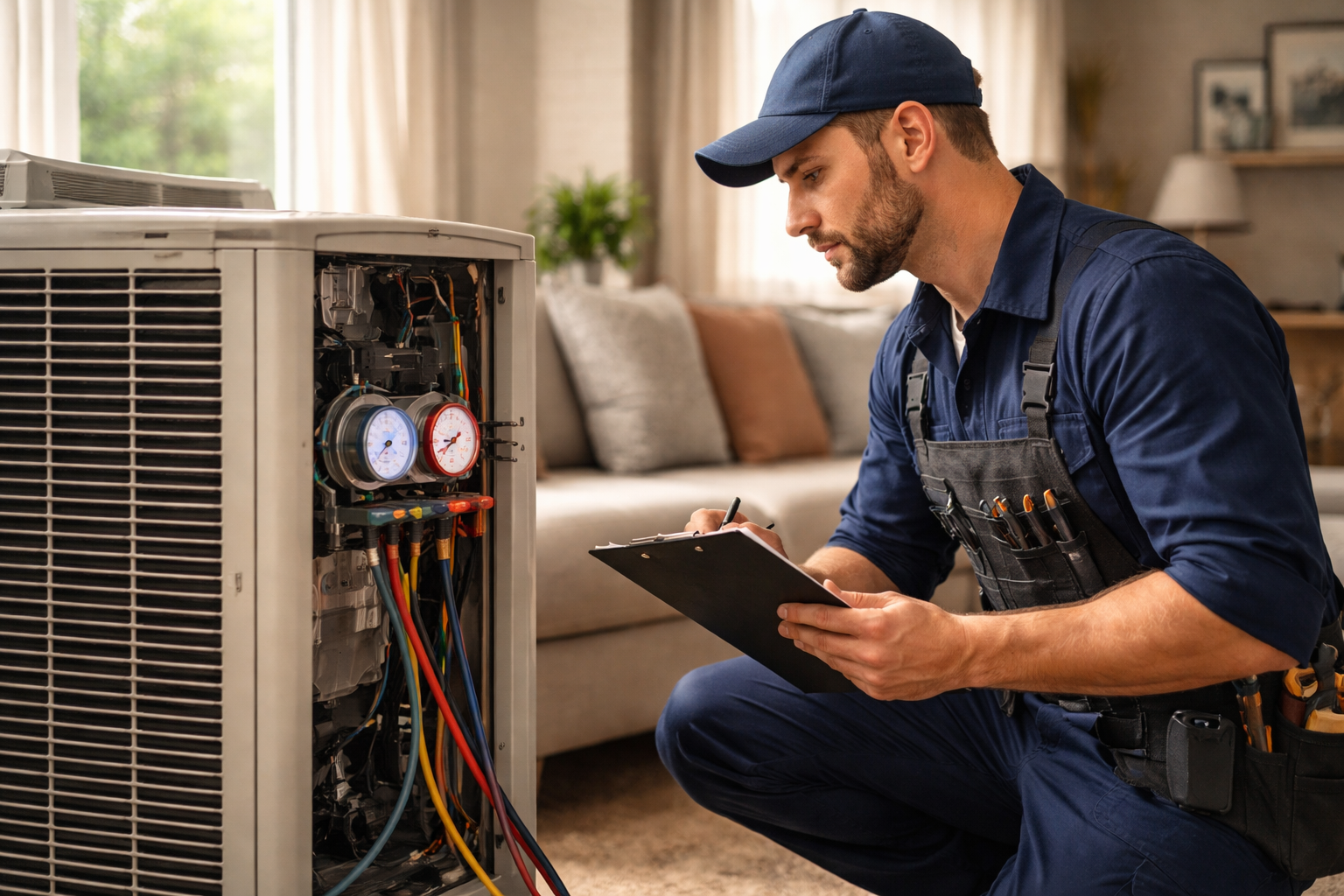 HVAC technician inspecting air conditioner in a warm, cozy home