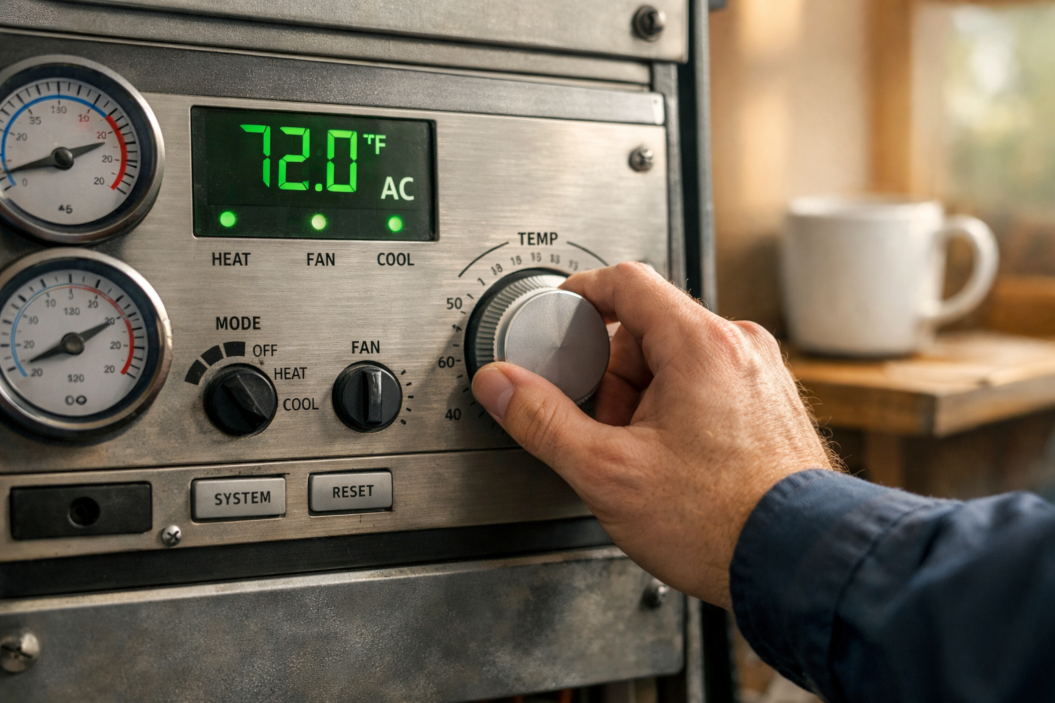 Close-up of HVAC system controls with technician adjusting settings