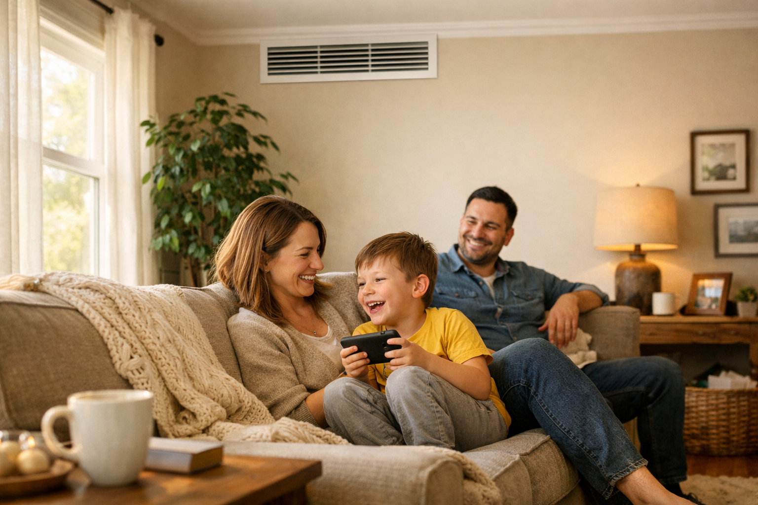 Family enjoying comfortable home temperature with HVAC system working