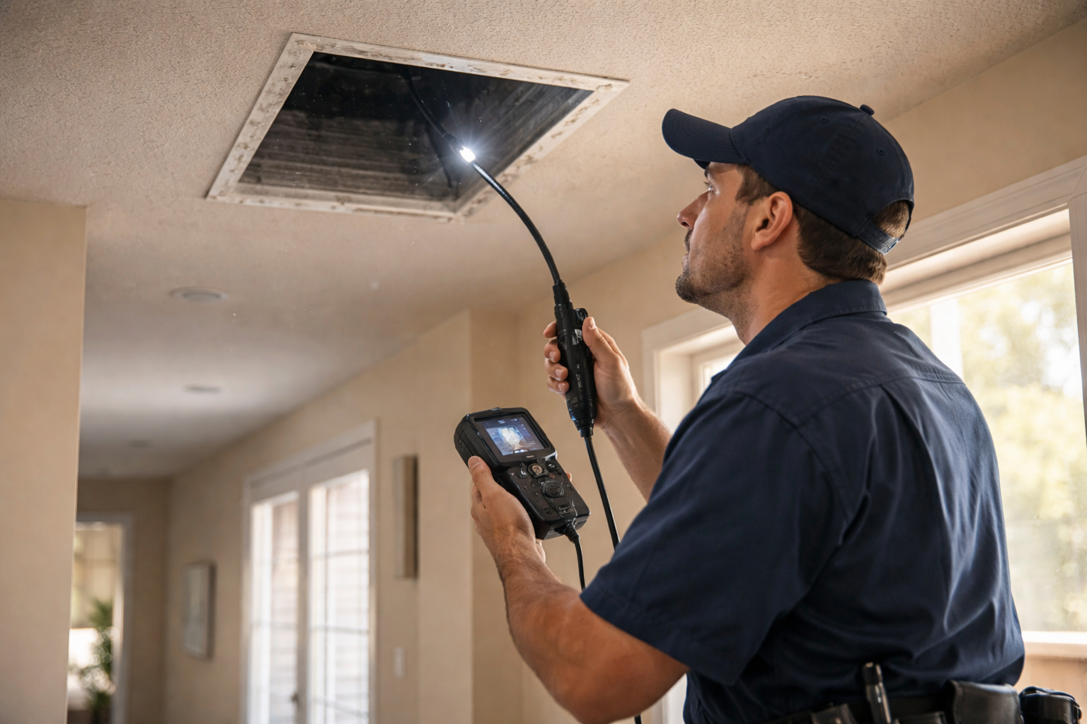 Technician inspecting HVAC air duct in a modern home interior