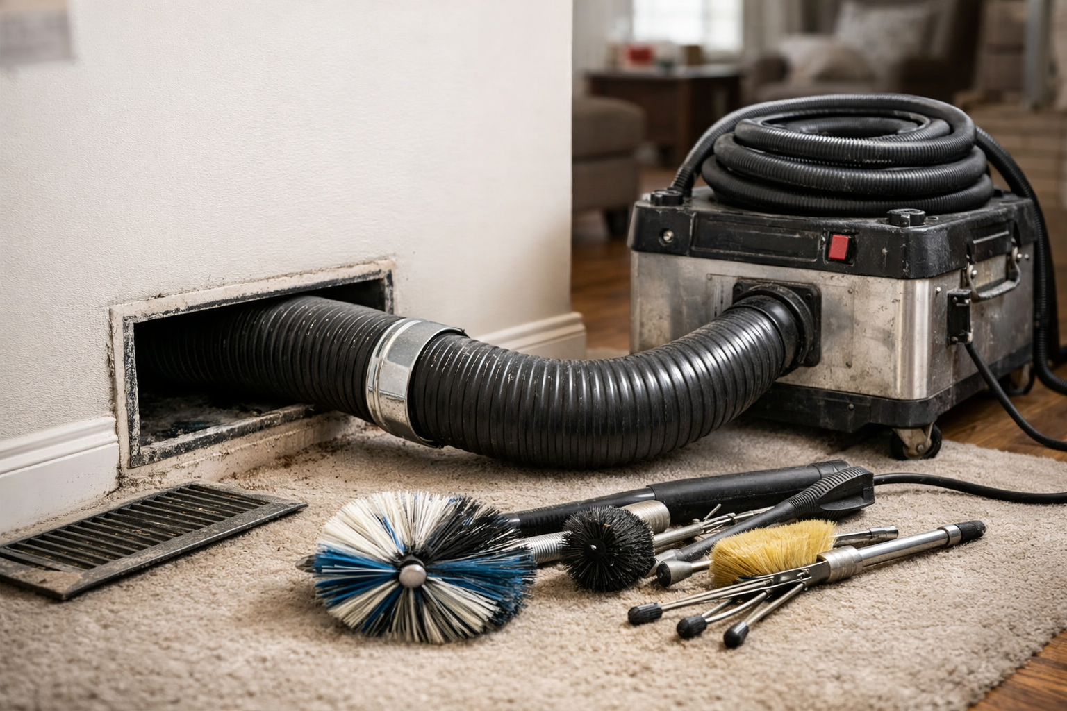 HVAC duct cleaning equipment connected to home air vent system