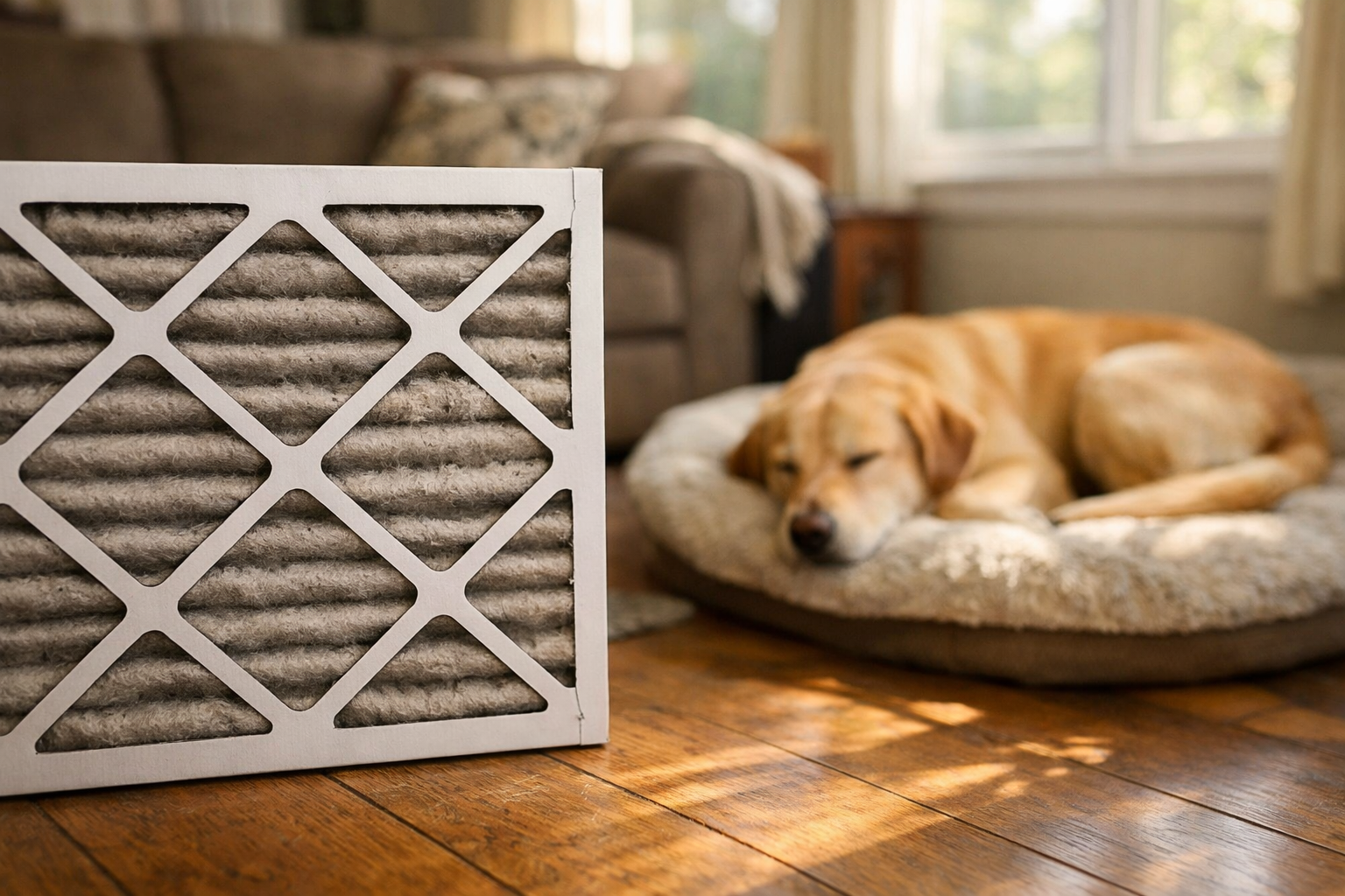 Air filter with pet at home showing faster dirt buildup
