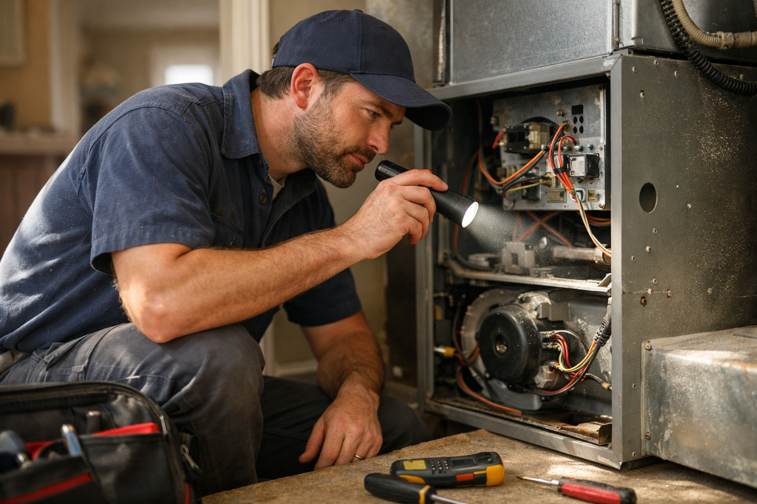 Technician performing HVAC preventive maintenance inside a home system