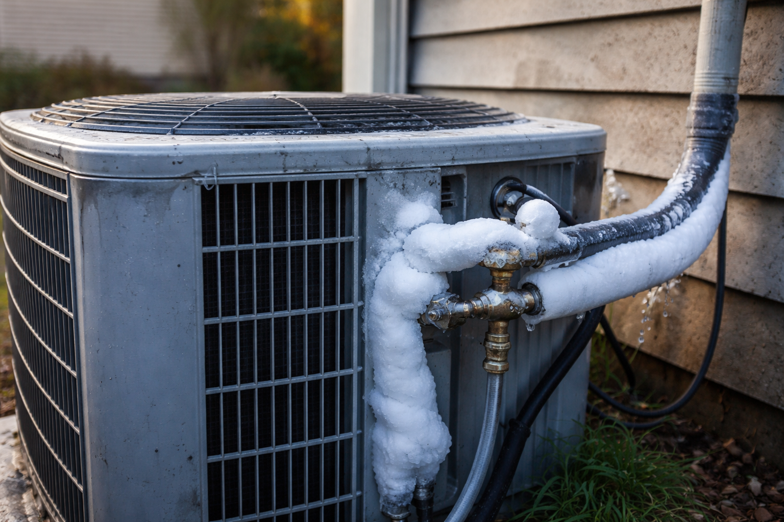 Frozen HVAC unit outside home with visible ice buildup