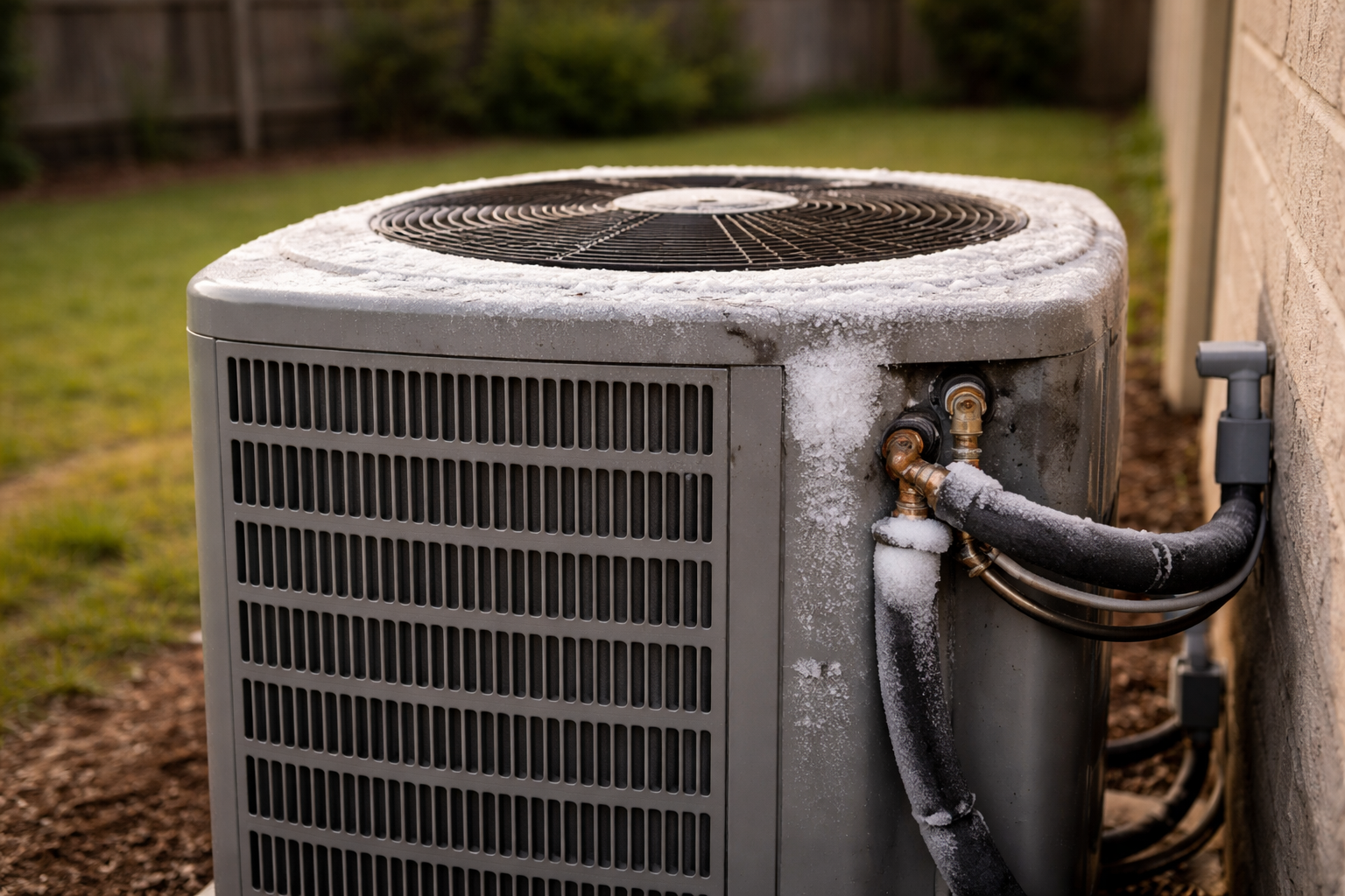 Outdoor HVAC unit showing early signs of frost and maintenance issues