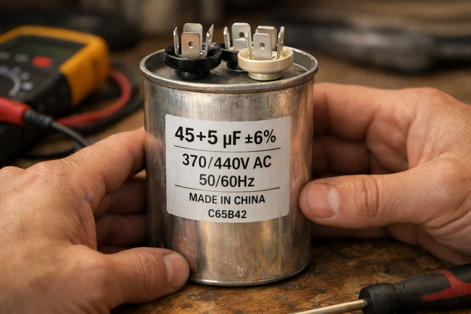 HVAC capacitor close-up with tools on workbench inspection
