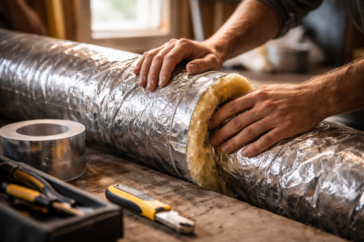 Technician inspecting HVAC duct with insulation tools