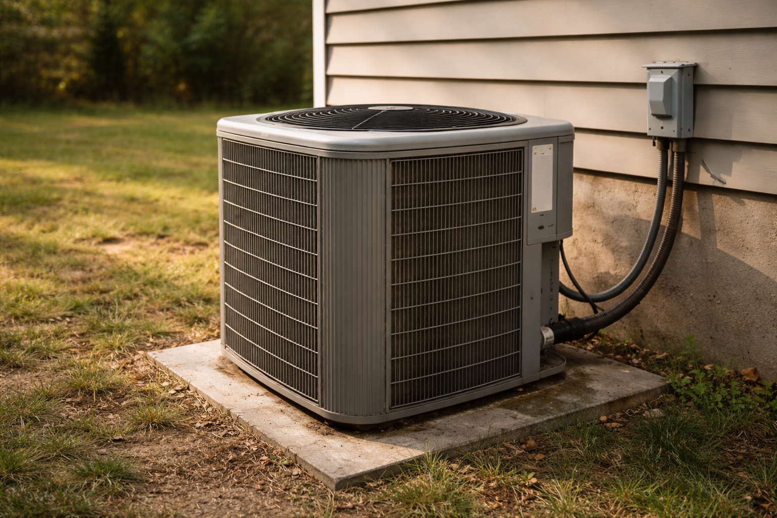 Outdoor HVAC condenser unit installed beside a residential home