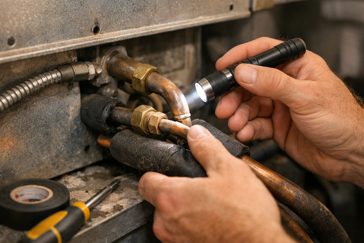 Technician inspecting HVAC components with tools during maintenance
