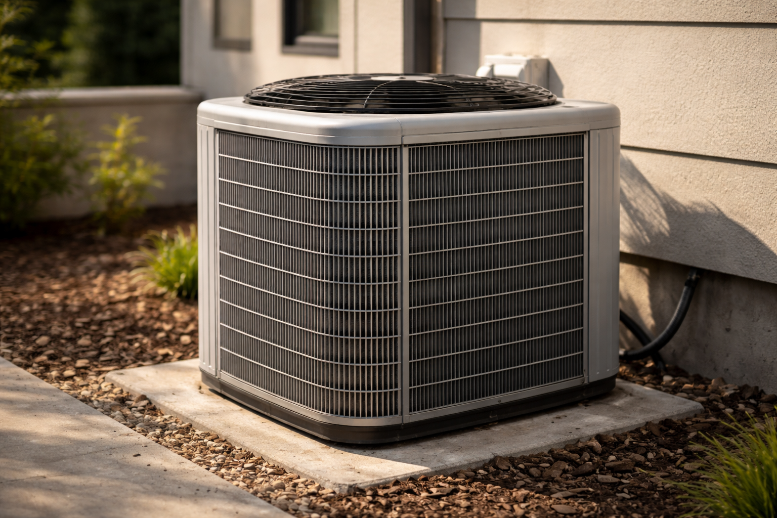 Outdoor HVAC condenser unit beside home with natural lighting and soft shadows