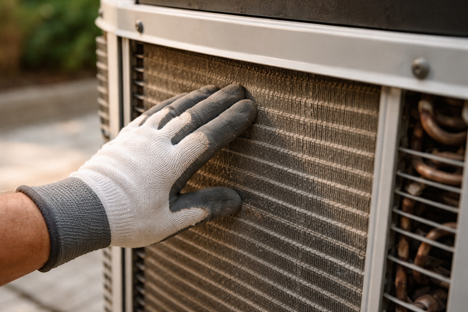 Technician inspecting HVAC condenser coil during routine maintenance outdoors