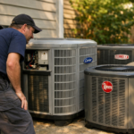 HVAC technician inspecting different air conditioning units outdoors