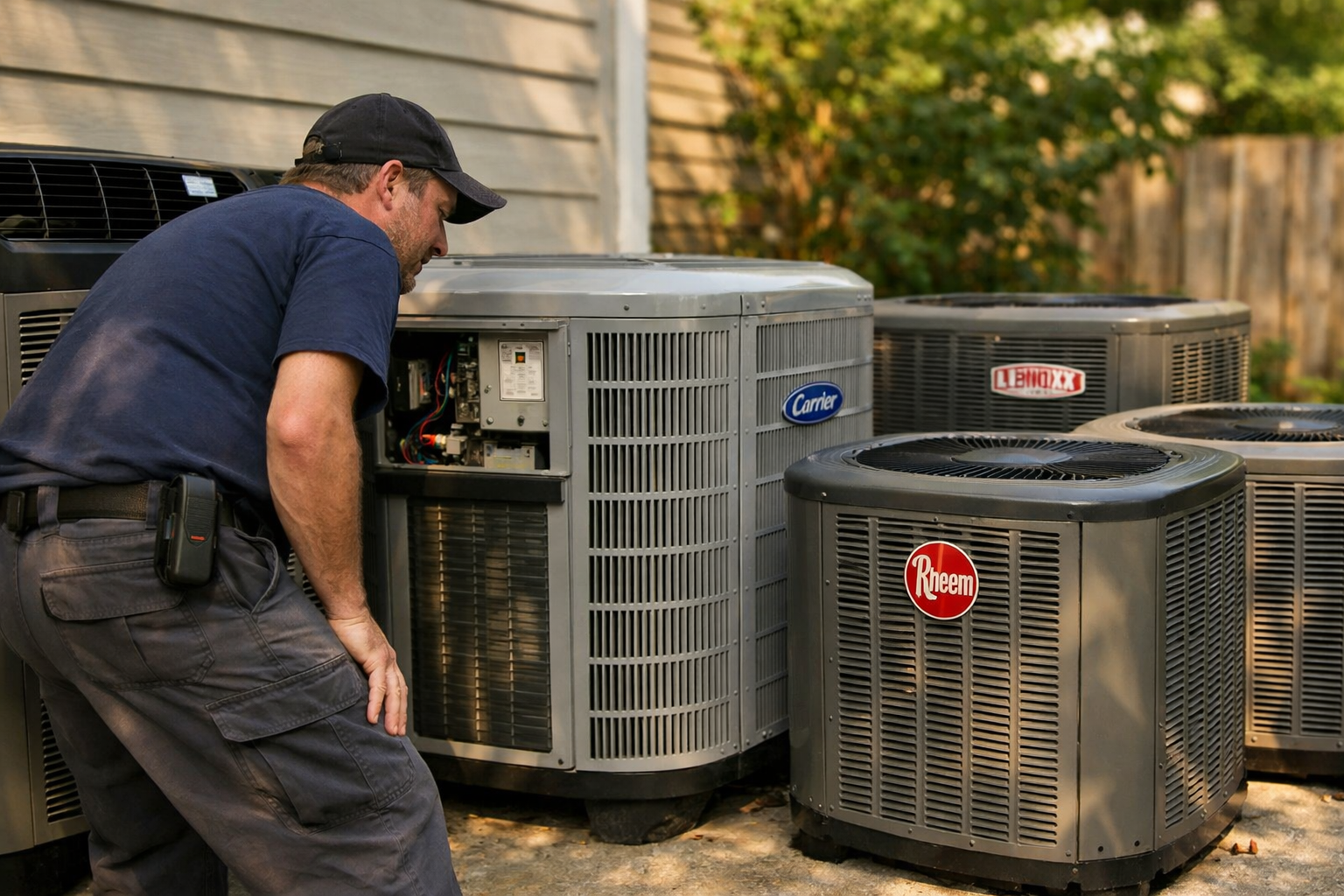HVAC technician inspecting different air conditioning units outdoors
