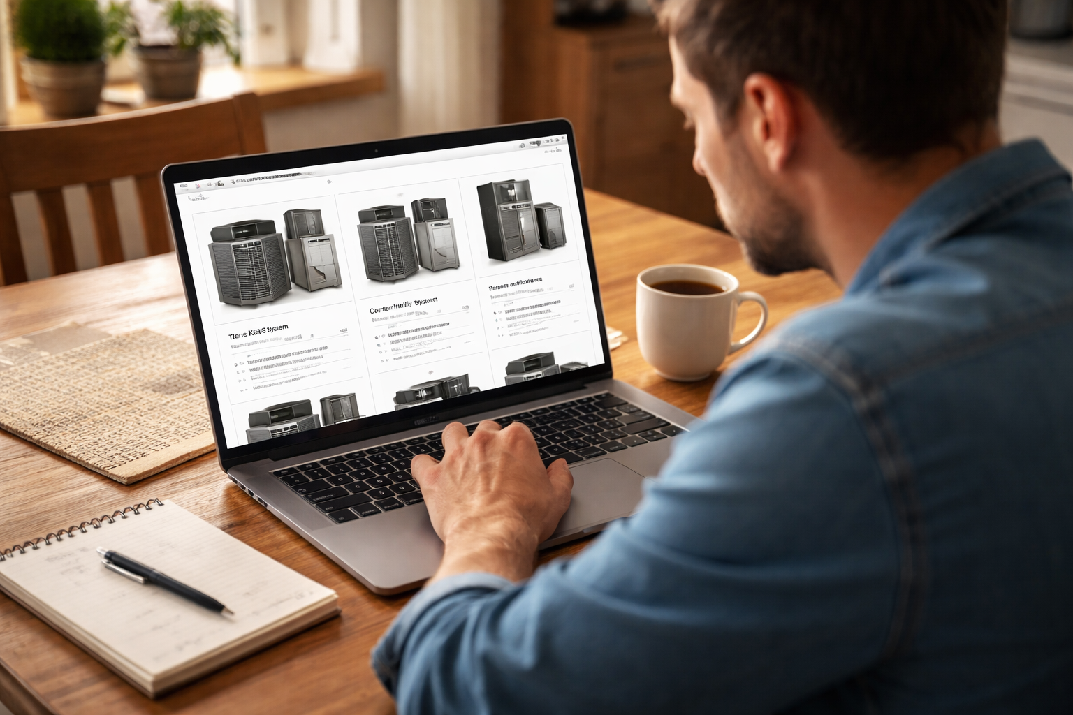 Homeowner comparing HVAC brands on laptop while making decision