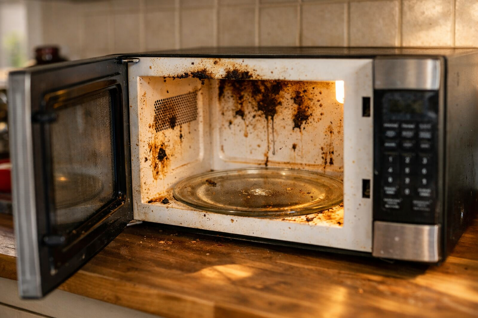Burnt food stains inside open microwave in kitchen