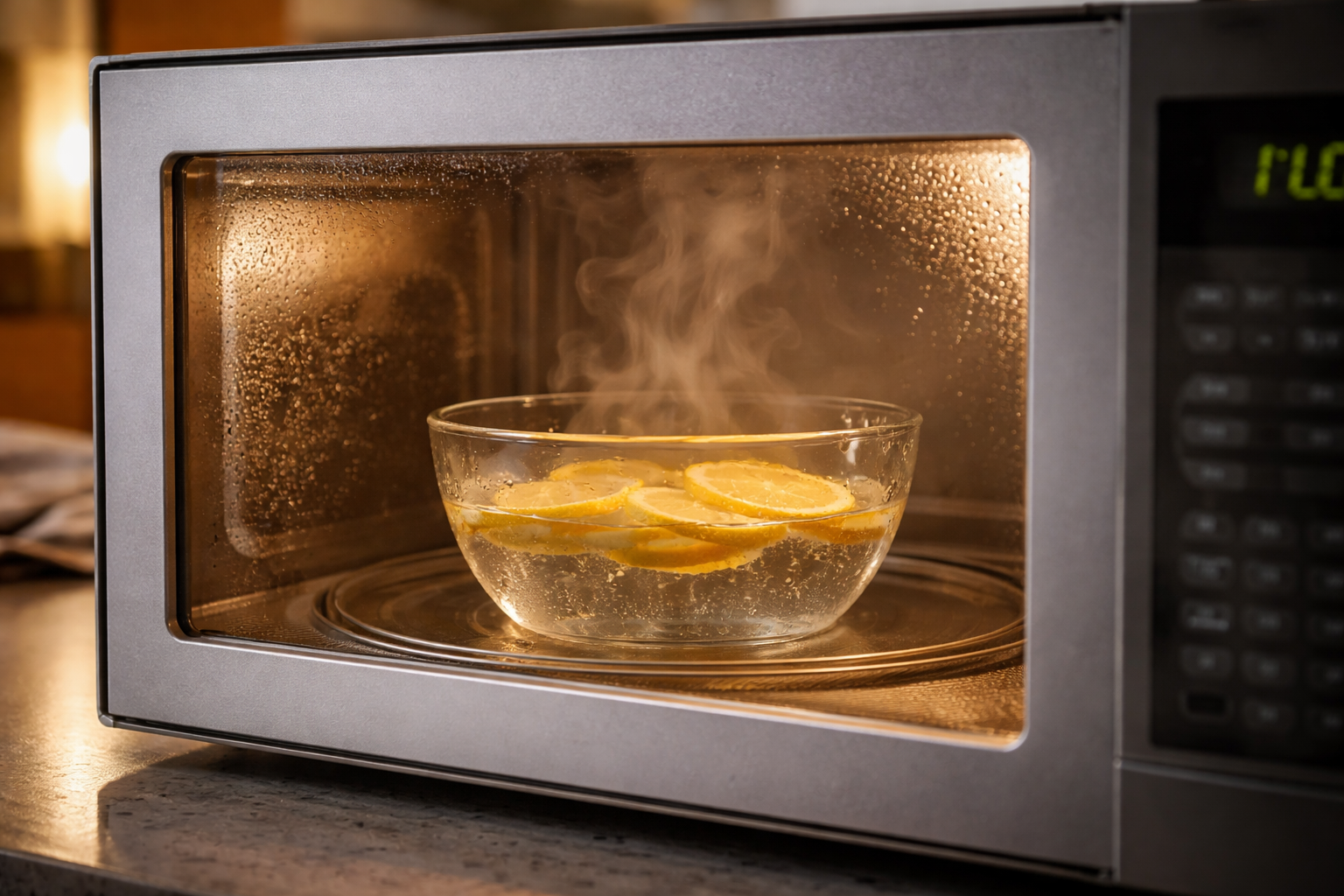 Steam cleaning microwave with lemon water inside bowl