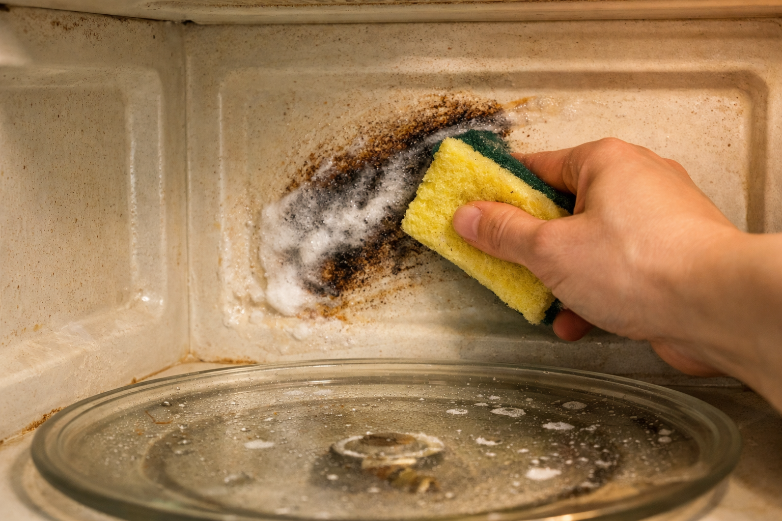 Cleaning burnt microwave stain with sponge and baking soda