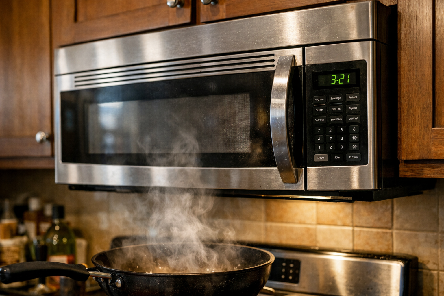 Over-the-range microwave above stovetop in real home kitchen