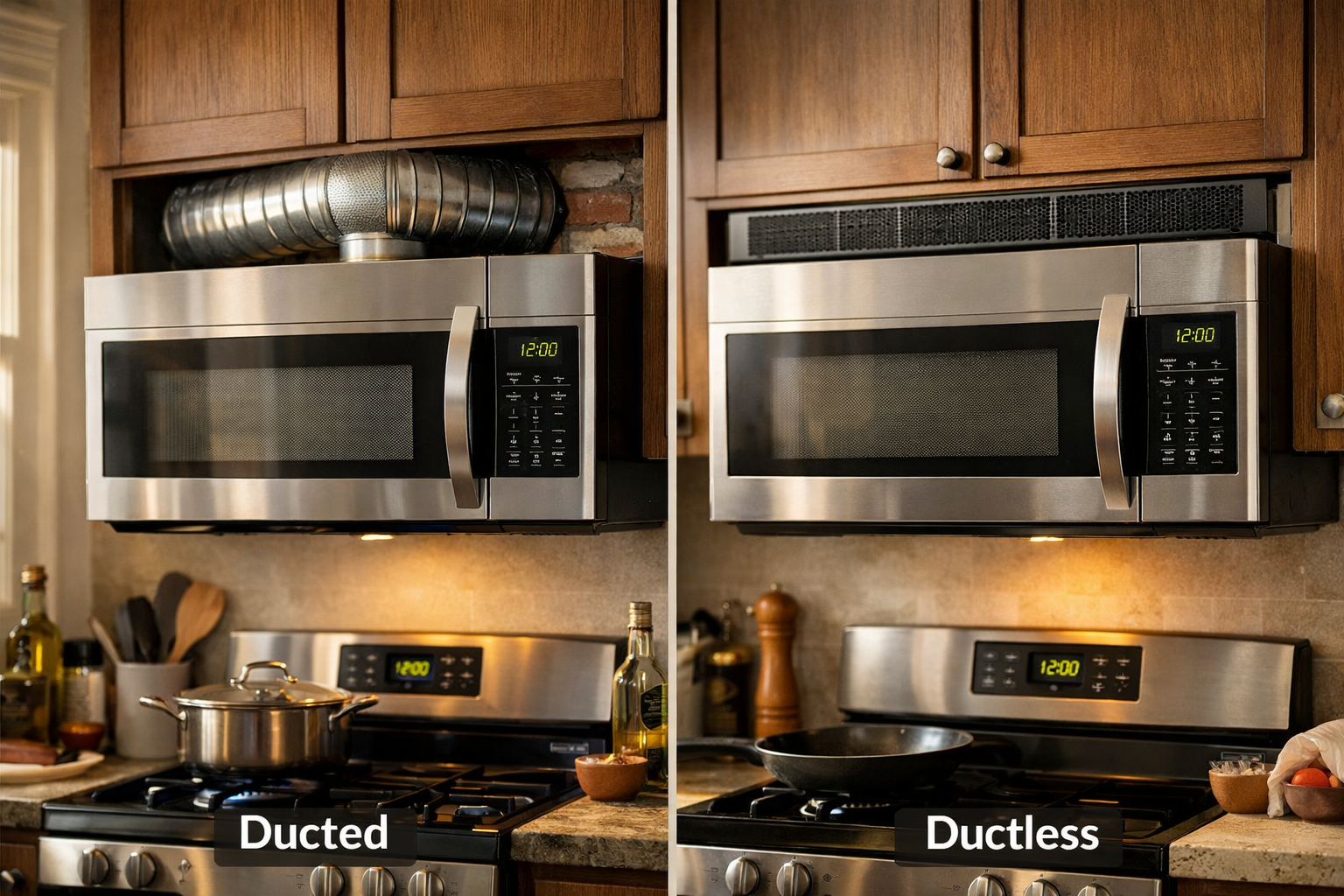 Side-by-side ducted and ductless over-the-range microwaves in kitchen