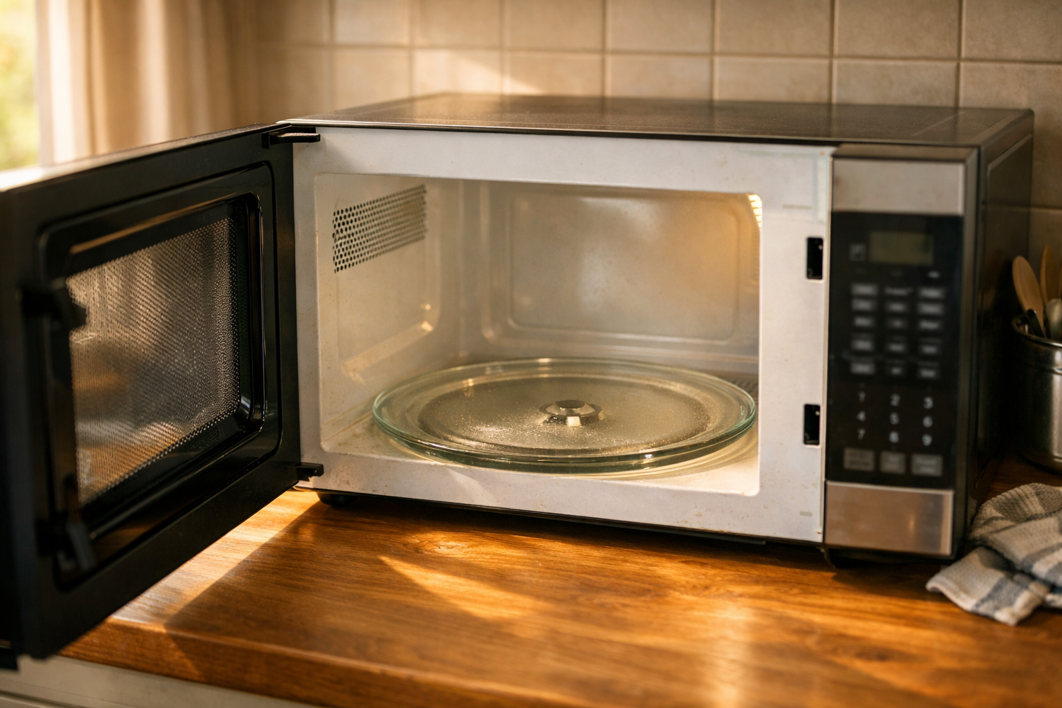 Open microwave interior on wooden kitchen countertop with sunlight