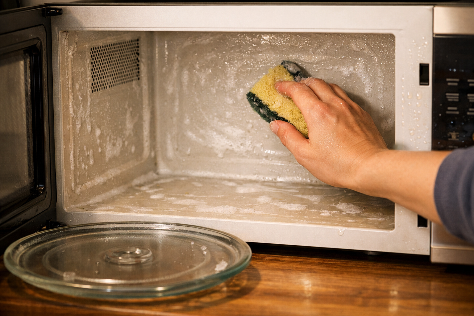 Cleaning microwave interior with sponge and vinegar solution