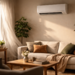 modern home interior with air conditioner running and natural sunlight