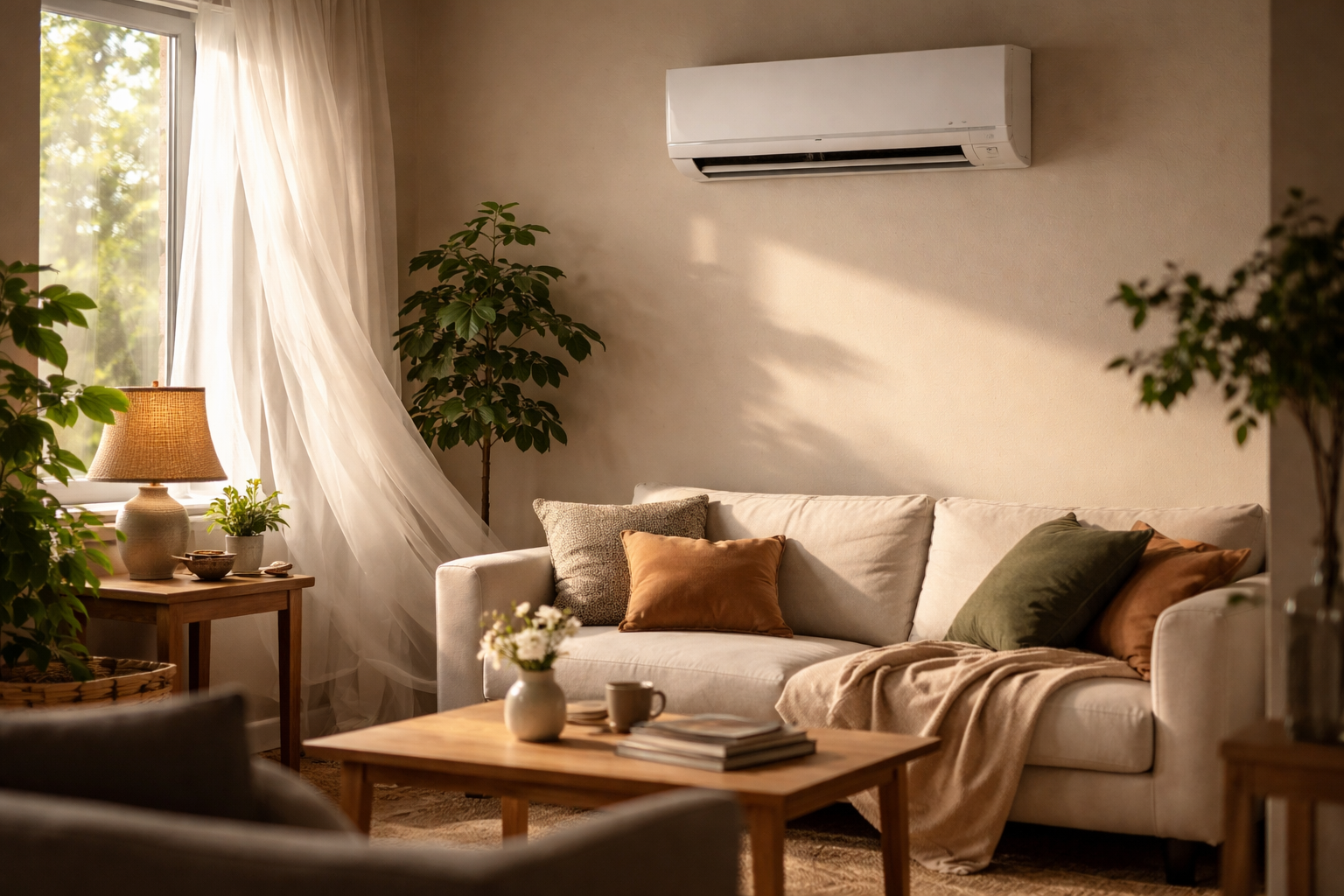 modern home interior with air conditioner running and natural sunlight