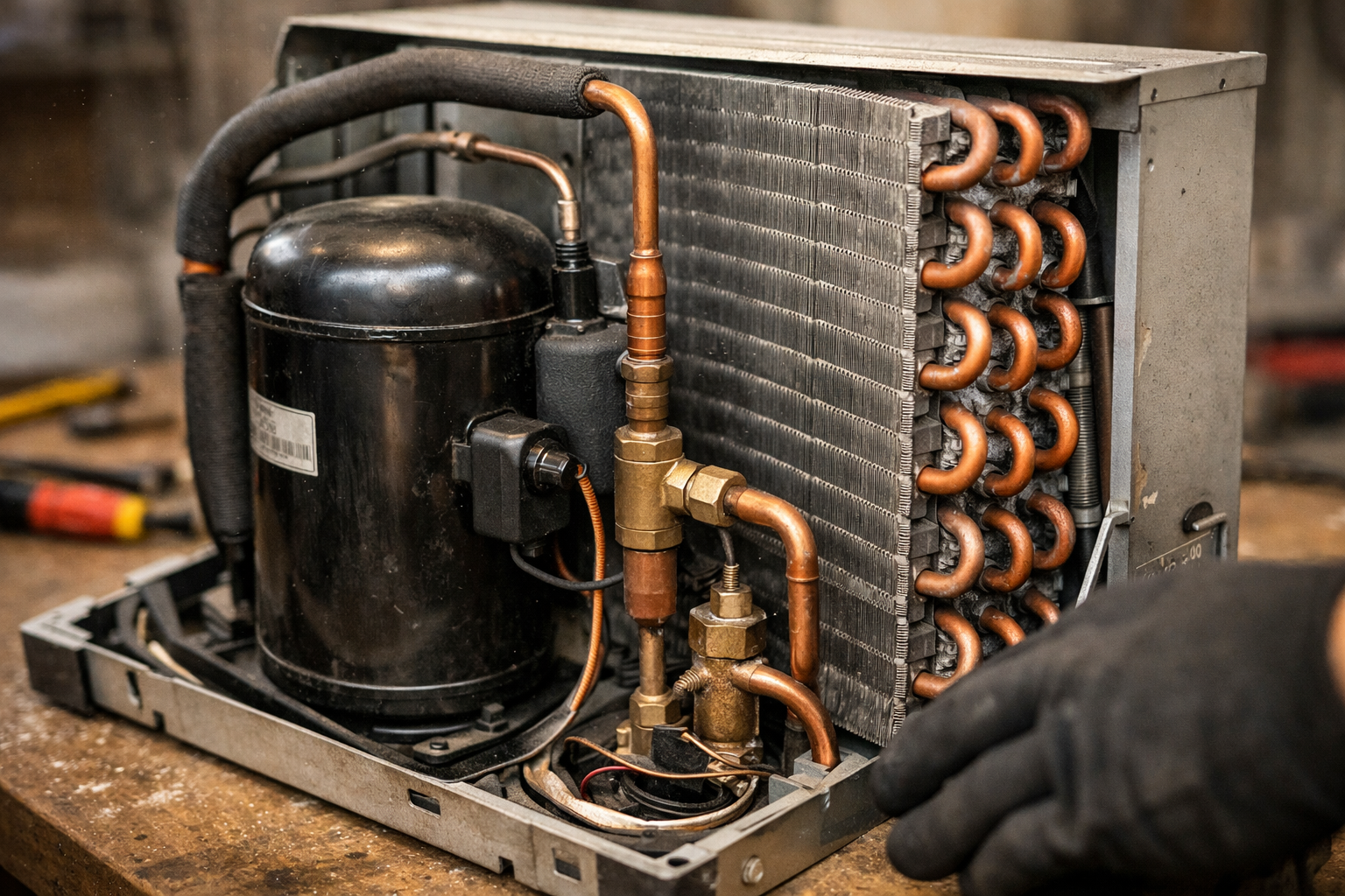 close-up of air conditioner components like compressor and coils