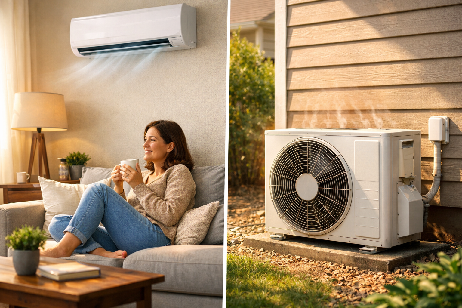 split view of indoor comfort and outdoor AC condenser working