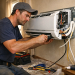 Technician installing air conditioner unit in modern home interior