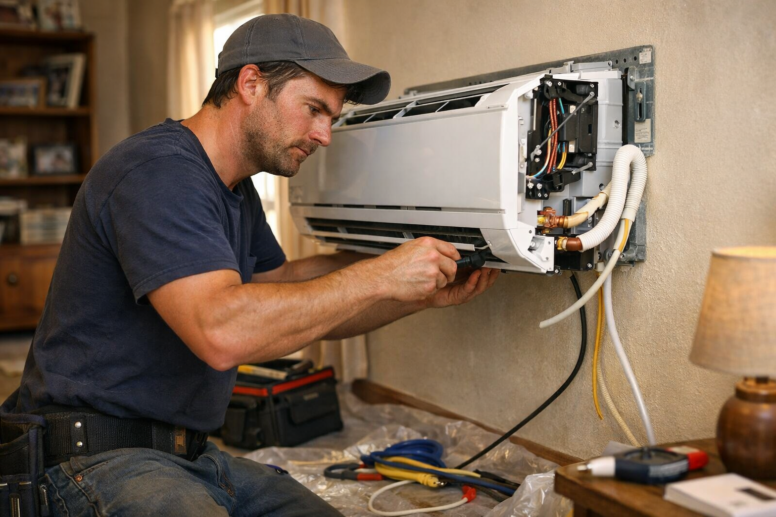 Technician installing air conditioner unit in modern home interior