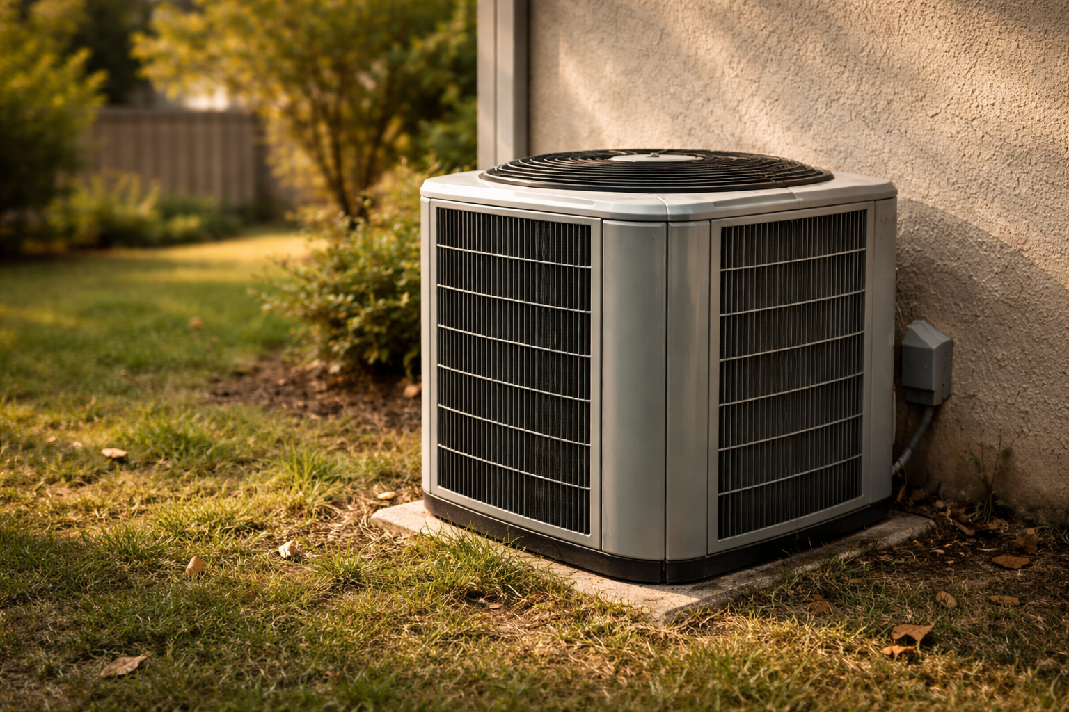 Outdoor central air conditioning condenser unit in residential backyard