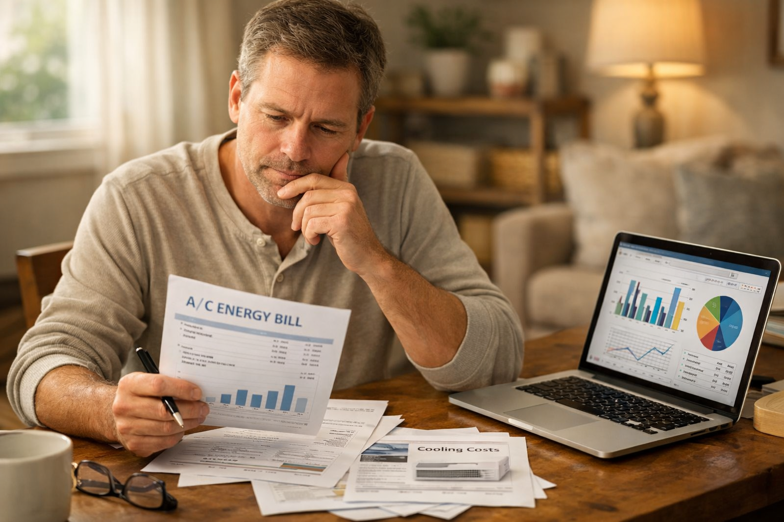 Homeowner reviewing energy bills and air conditioner efficiency savings